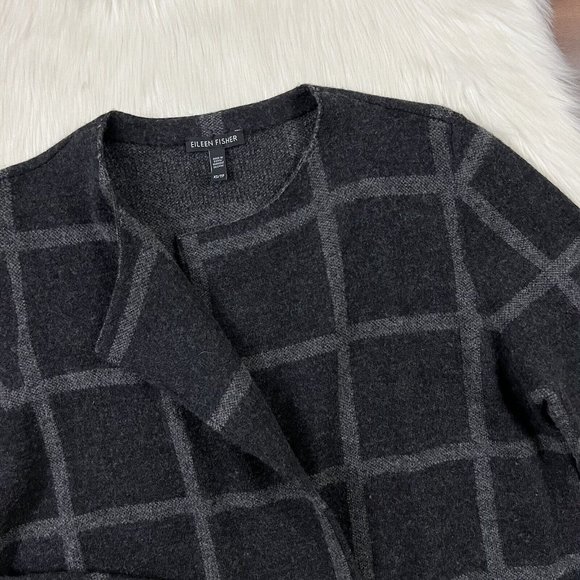 Eileen Fisher Size XS Windowpane Plaid Merino Wool Open Front Cardigan Sweater - Picture 2 of 11